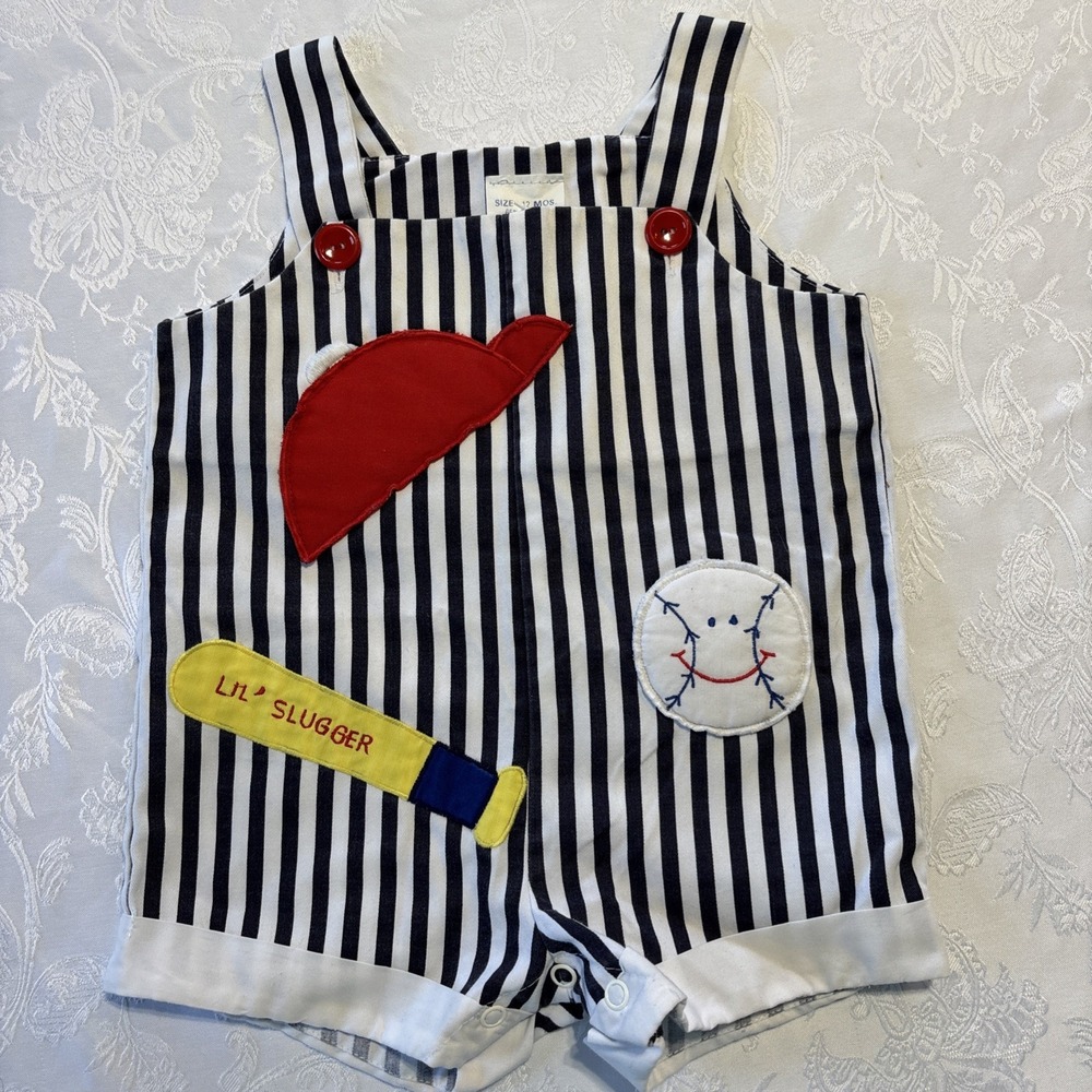 VINTAGE 80s Striped Short‎ Alls Size 12 Months Overall Baseball  Nannette